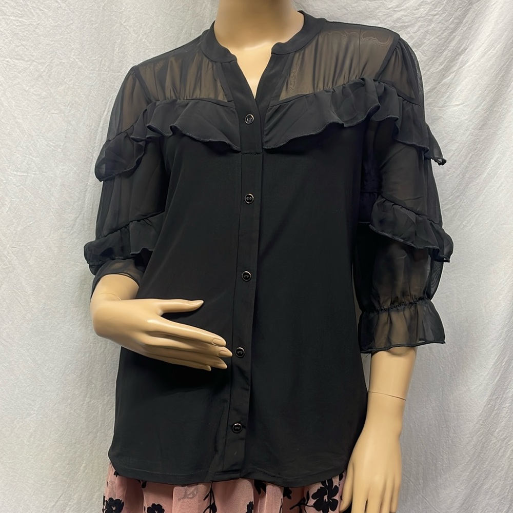 Adele & May Women's Black Sheer Ruffle Layered Sleeve Button Front Blouse NWT